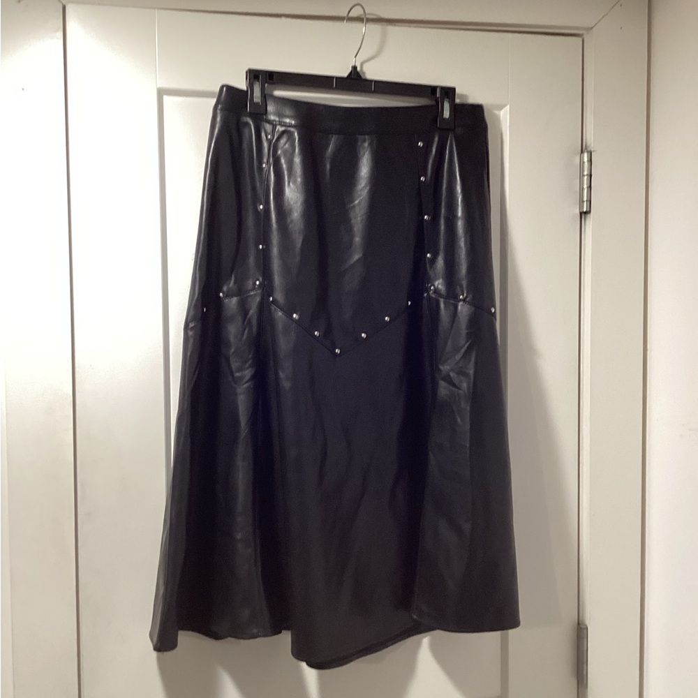 Marc New York Andrew Marc Black Faux Leather Studded A-Line Midi Skirt M5MSO270